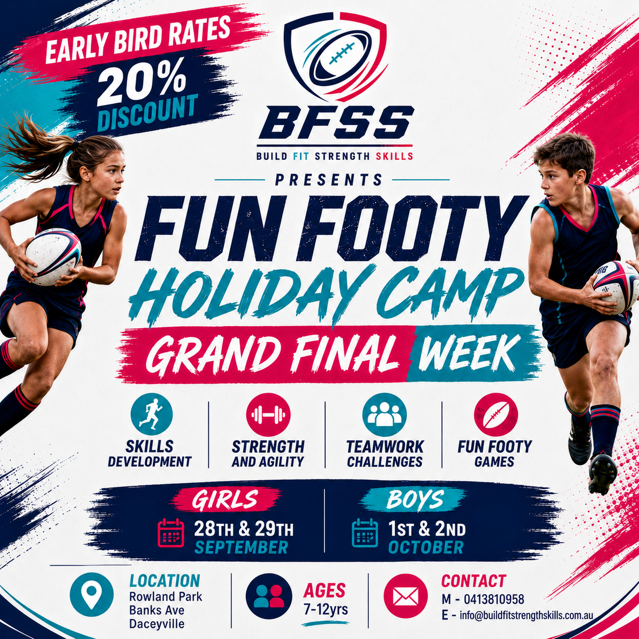 BFSS Fun Footy Holiday Camp flyer with dates, location and early bird offer